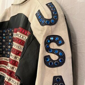 BLING! SEE VIDEO Leather jacket vintage MOTO motorcycle biker jeweled USA FLAG